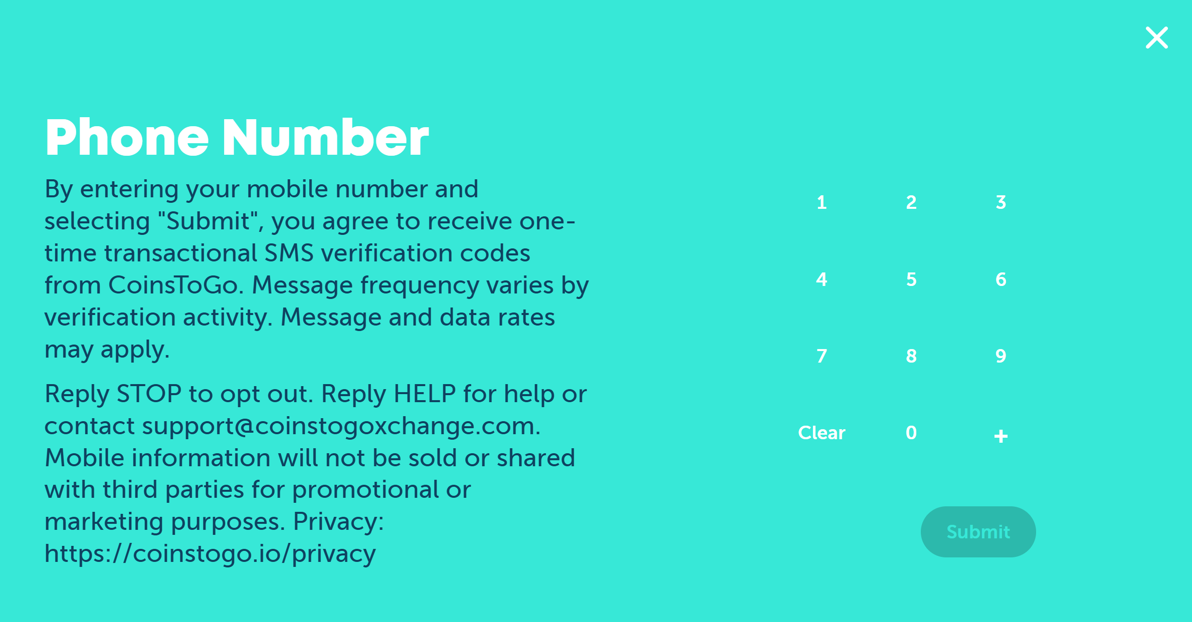 CoinsToGo phone number and SMS verification consent screen example